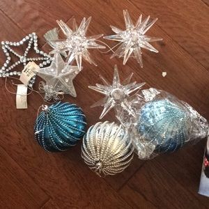 Assorted blue and silver Christmas ornaments.
